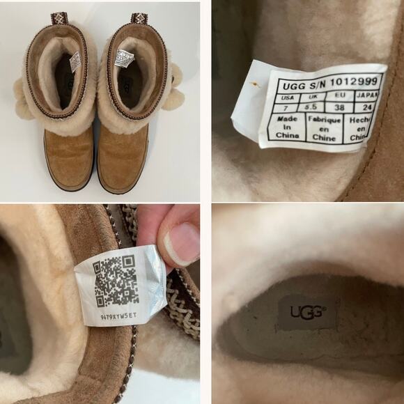 UGG Women's Brie Chestnut Fur Cuff Shearling Pom Pom Winter Boots Size 7 - Picture 12 of 13